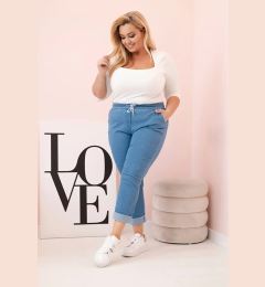 Снимка на Kesi Włoski Women's Cotton Plus Size Trousers with Elastic Waist and Drawstring light denim