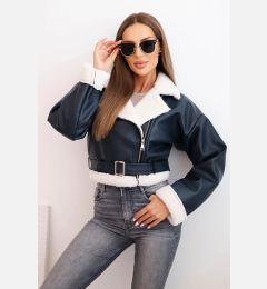 Снимка на Kesi Włoski Women's pilot jacket made of faux leather, insulated with fur and a belt, navy blue
