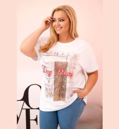 Снимка на Kesi Włoski Women's Plus Size Cotton Blouse with “Day Dream” Print white + camel