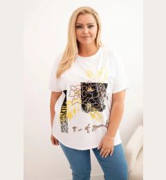 Снимка на Kesi Włoski Women's Plus Size Cotton Blouse with Decorative Floral Print white + yellow