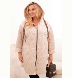 Снимка на Kesi Włoski Women's Plus Size quilted jacket with a hood and the inscription HOPE dark beige