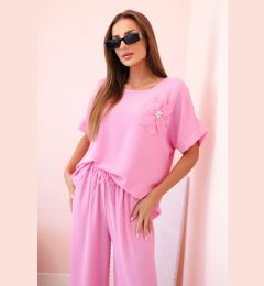 Снимка на Kesi Włoski Women's viscose set with decorative flower and wide trousers light pink