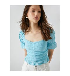 Снимка на Koton Embroidered T-Shirt Sweetheart Neck Balloon Sleeves Frilly