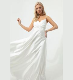 Снимка на Lafaba Women's Ecru Long Satin Evening Dress &; Prom Dress with Thread Straps and Waist Belt