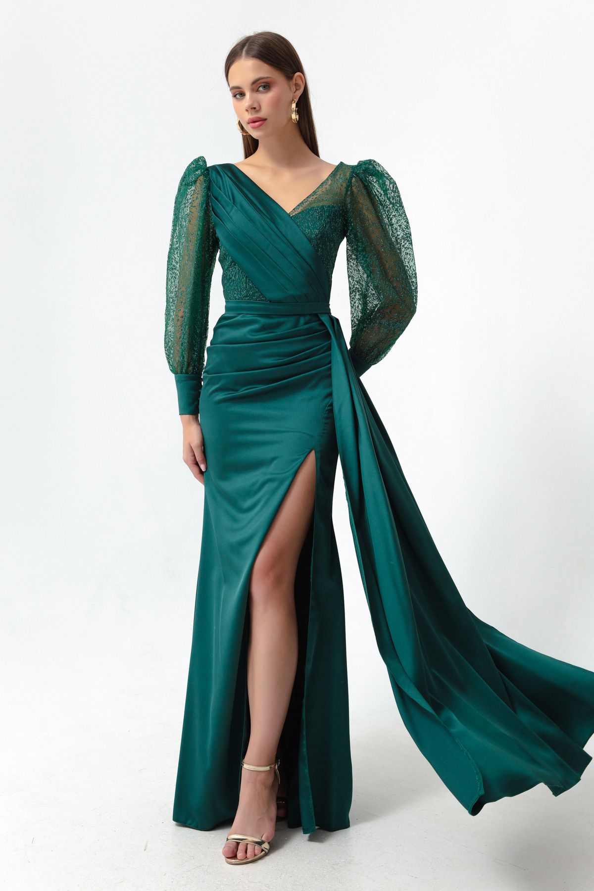 Снимка на Lafaba Women's Emerald Green Double Breasted Collar Silvery Long Satin Evening Dress