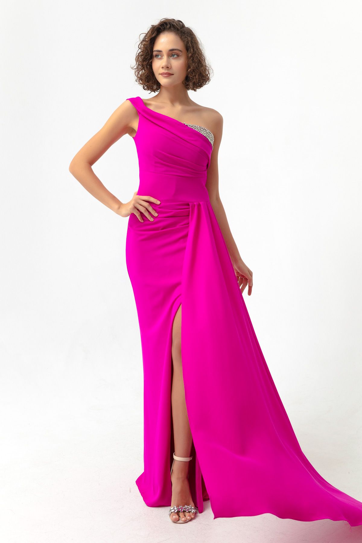 Снимка на Lafaba Women's Fuchsia One-Shoulder Long Evening Dress with Stones.