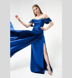 Снимка на Lafaba Women's Indigo Boat Neck Slit Long Satin Evening Dress