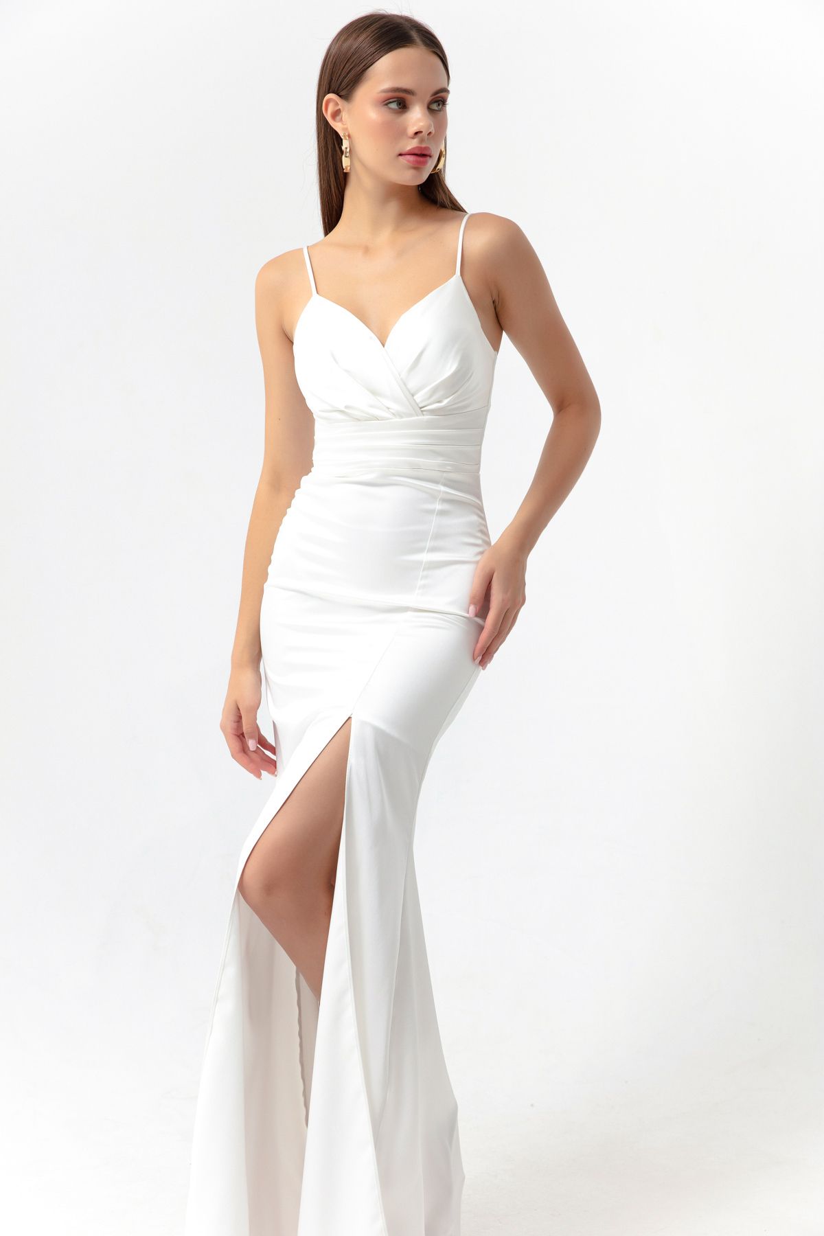 Снимка на Lafaba Women's White Evening Dress with Straps and a Slit in Long Satin Prom.