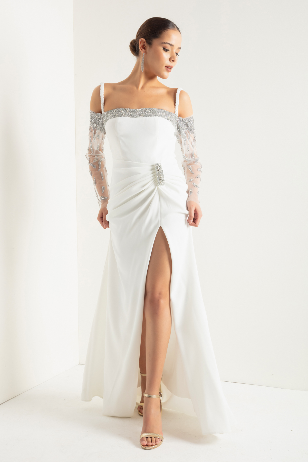 Снимка на Lafaba Women's White Thin Strappy Stone Long Evening Dress