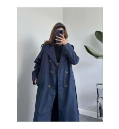 Снимка на Laluvia Navy Blue Button Detailed Belted Long Trench Coat