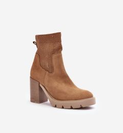 Снимка на Lewski Shoes Дамски велурени ажурни боти на ток Camel Lewski 3386