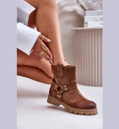 Снимка на Lewski Shoes Дамски велурени боти с плосък ток Кафяви Lewski 3610
