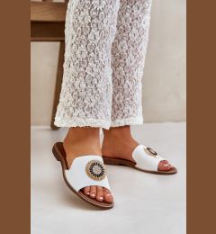 Снимка на Lewski Shoes Кожени Сандали С Украсa На Плосък Ток Бели Левски