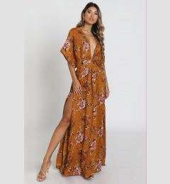 Снимка на Madmext Mustard Patterned Slit Detail Long Dress