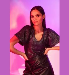 Снимка на Marisse Black V-Neck Blouse With Puffed Short Sleeves