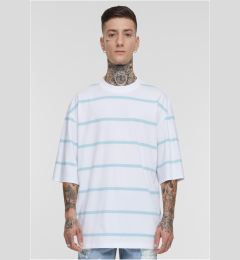 Снимка на Men's striped T-shirt with oversized sleeves white/ocean blue