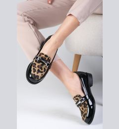 Снимка на Mio Gusto Black Color Patent Leather And Leopard Pattern Women's Casual Oxford Flat Shoes