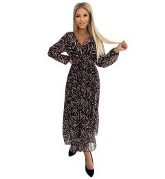 Снимка на Numoco pleated chiffon long dress with neckline, long sleeves and belt
