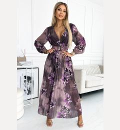 Снимка на Numoco pleated chiffon long dress with neckline, long sleeves and wide belt