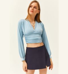 Снимка на Olalook Women's Baby Blue Deep Decollete Banded Waist Crop Blouse