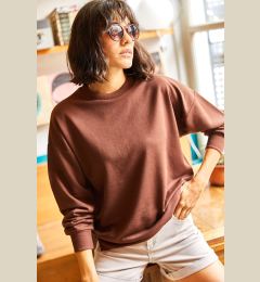 Снимка на Olalook Women's Bitter Brown Crew Neck Skirt Slit Basic Sweatshirt