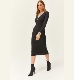 Снимка на Olalook Women's Black V-Neck Zippered Thick Ribbed Midi Dress