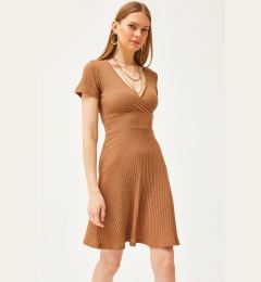 Снимка на Olalook Women's Camel Double Breasted Collar Short Sleeve Mini Flared Dress
