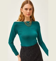 Снимка на Olalook Women's Emerald Green Boat Neck Knitted Viscose Blouse
