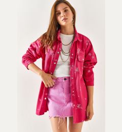 Снимка на Olalook Women's Fuchsia Embroidered Oversized Cotton Shirt Jacket with Pocket