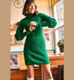 Снимка на Olalook Women's Grass Green Sleeve and Skirt Textured Knitwear Dress