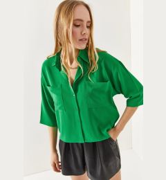 Снимка на Olalook Women's Grass Green Two Pockets Crop Aerial Shirt