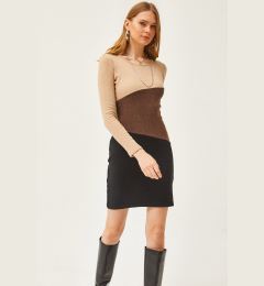 Снимка на Olalook Women's Stone Brown Black Color Block Raised Mini Dress
