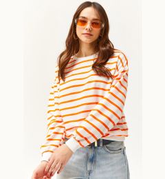 Снимка на Olalook Women's White Neon Orange Basic Soft Textured Loose Sweatshirt