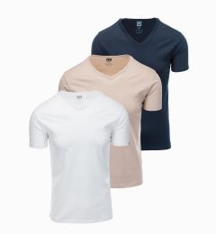 Снимка на Ombre BASIC men's cotton V-neck T-shirt set - white/sand/green