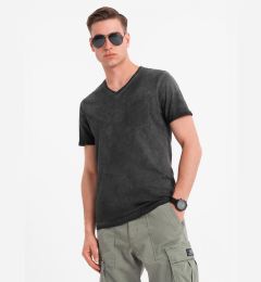 Снимка на Ombre Men's cotton knit V-neck t-shirt with wash effect - black