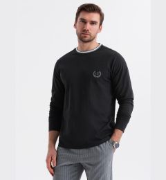 Снимка на Ombre Men's cotton longsleeve with striped U neckline and embroidery - black