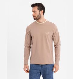 Снимка на Ombre Men's cotton longsleeve with striped U neckline and embroidery - brown