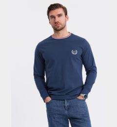 Снимка на Ombre Men's cotton longsleeve with striped U neckline and embroidery - dark blue