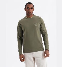 Снимка на Ombre Men's cotton longsleeve with U neckline with stripes and embroidery - olive
