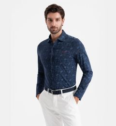 Снимка на Ombre Men's cotton shirt with floral motif - navy blue