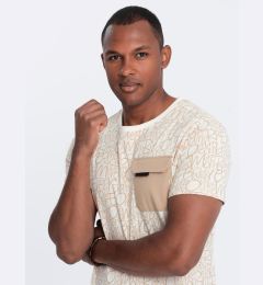 Снимка на Ombre Men's cotton t-shirt with letter print and pocket - cream and brown
