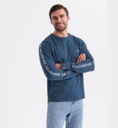 Снимка на Ombre Men's cotton U-neck longsleeve with piping and chest print - dark blue