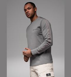 Снимка на Ombre Men's cotton U-neck longsleeve with piping and chest print - grey