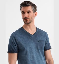 Снимка на Ombre Men's cotton V-neck knit t-shirt with wash effect - navy blue