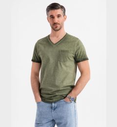 Снимка на Ombre Men's cotton V-neck knit t-shirt with washed effect - olive