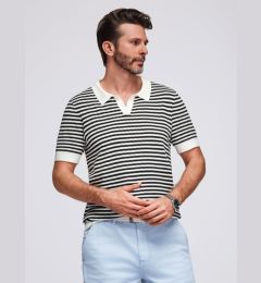 Снимка на Ombre Men's knitted buttonless polo shirt with navy stripes - black and white