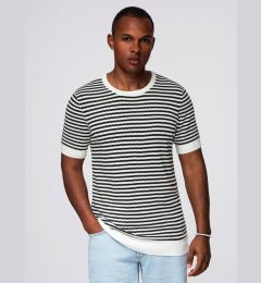 Снимка на Ombre Men's knitted t-shirt with navy stripes and openwork weave - black and white