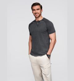 Снимка на Ombre Men's T-shirt with wash effect and buttons at neckline - black