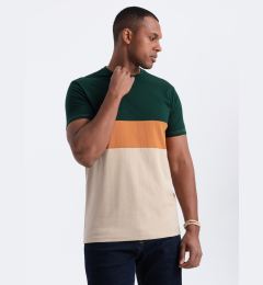 Снимка на Ombre Men's tricolor T-shirt with wide stripes - green and beige
