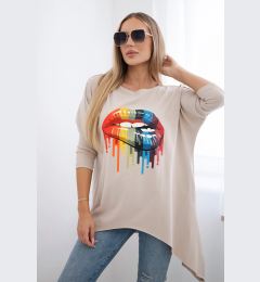 Снимка на Oversize blouse with beige rainbow lip print